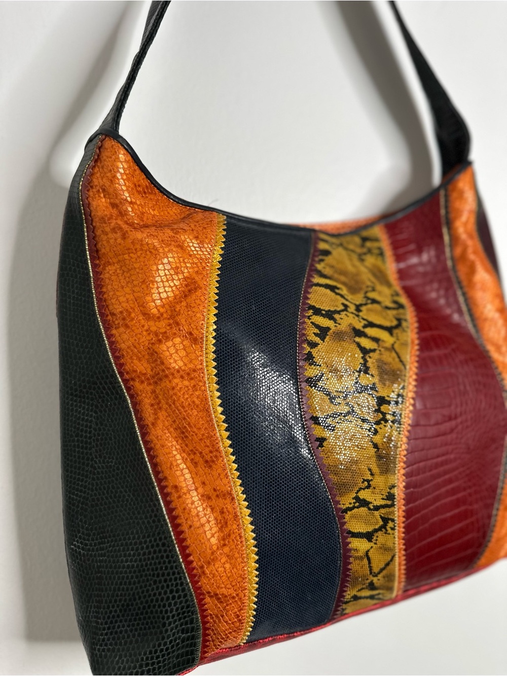 Sharif Vintage Patchwork Exotic Leather Shoulder Bag Made in USA 80s 90s Boho - Picture 3 of 12